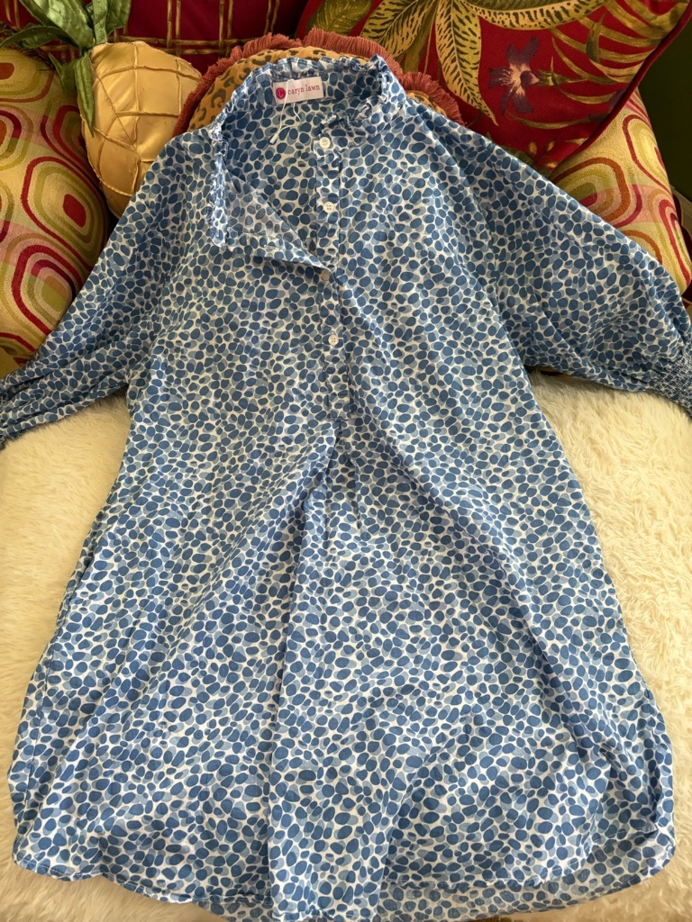 Caryn Lawn Ladies Preppy Dress in  blue and white with smocked cuff sleeves.